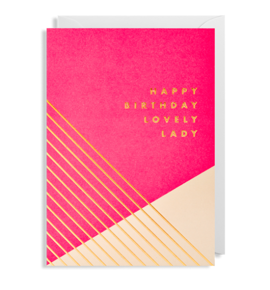 happy birthday lovely lady birthday Lagom postco funky quirky unusual modern cool card cards greetings greeting original classic wacky contemporary art illustration fun pink gold
