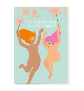 Birthday funky quirky unusual modern cool card cards greetings greeting original classic wacky contemporary art illustration fun vintage retro nudie sparklers noi naked ladies fireworks glasses