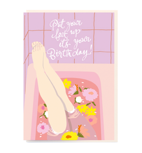 Birthday funky quirky unusual modern cool card cards greetings greeting original classic wacky contemporary art illustration fun vintage retro relaxing noi bath lady birthday flowers relax