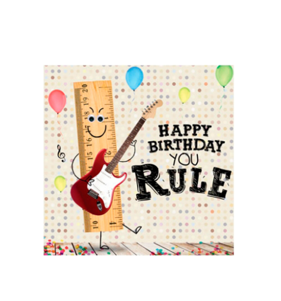 Birthday funky quirky unusual modern cool card cards greetings greeting original classic wacky contemporary art illustration fun vintage retro fluff googly eyes googlies tracks you rule ruler guitar