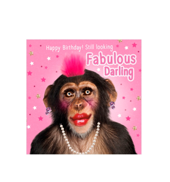 Birthday funky quirky unusual modern cool card cards greetings greeting original classic wacky contemporary art illustration fun vintage retro fluff googly eyes googlies tracks chimp monkey makeup