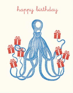 Birthday funky quirky unusual modern cool card cards greetings greeting original classic wacky contemporary art illustration fun vintage retro letterpress octopus squid birthday Archivist-Cards